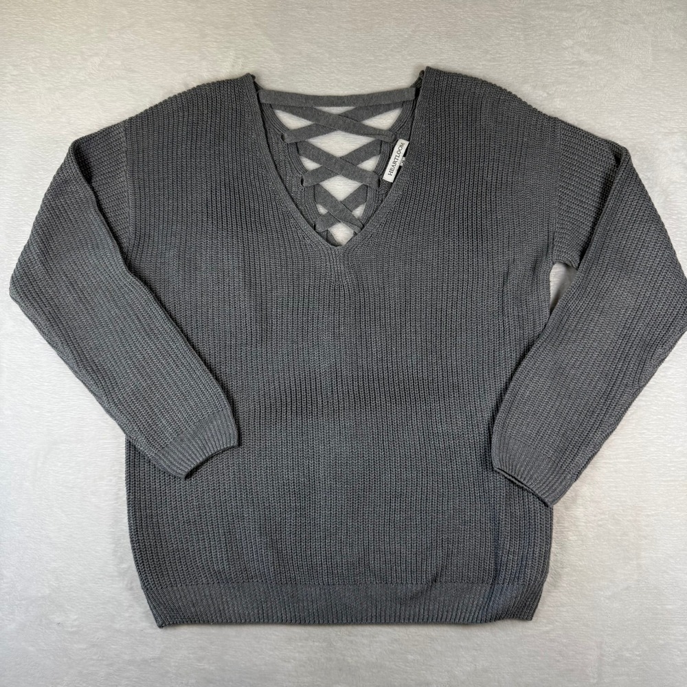 Heartloom Womens Gray Lace Up Back V-Neck Shaker Knit Sweater Size M 176S72B
